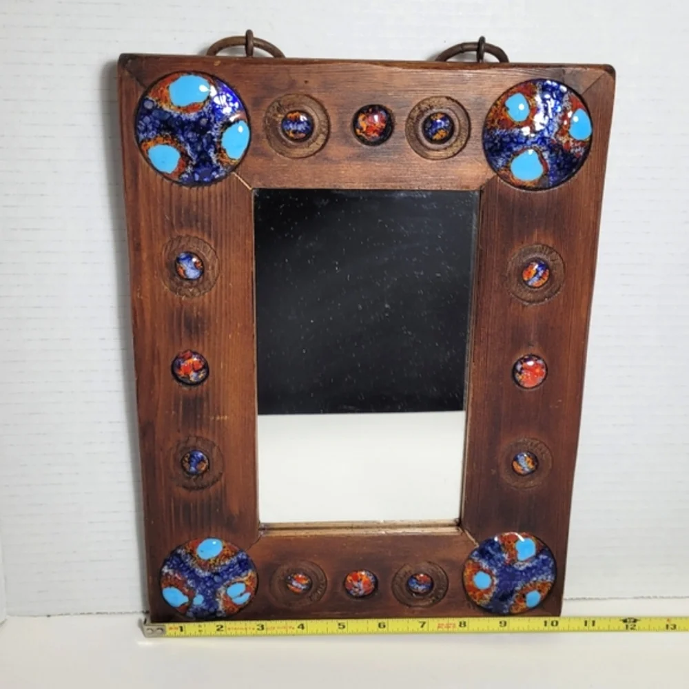 Wooden Mirror with Copper Enamel Decoration by Capo Esmaltes Circa 1960 w Label
